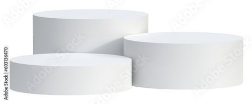 Three white round podiums for product presentation isolated on transparent background