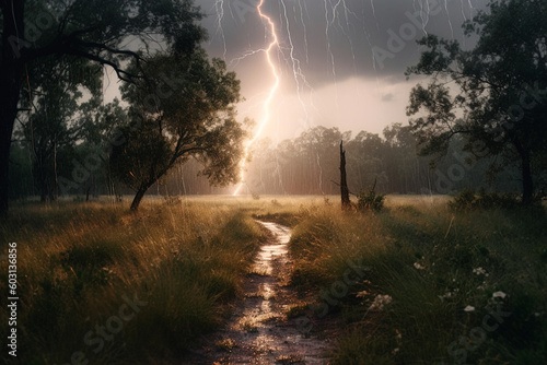 A bolt of lightning strikes the ground, a reminder of our vulnerability to nature Generative AI