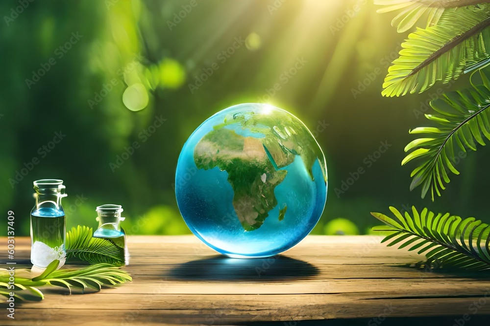 Environment Getting Better Globe Glass with save water icons In Green Forest With Sunlight ...
