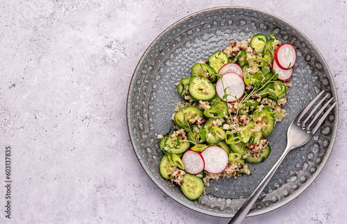 Blank food photography of salad; cucumber, radish, onion, dill, bulgur, quinoa, vegetable; leaf; organic; ingredient; vitamin; diet