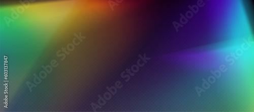 Rainbow refraction overlay, leak flare, prism light effect, rainbow sunlight, holographic rays with transparency. Blurred bokeh retro photo texture, vintage camera glare. Vector background.
