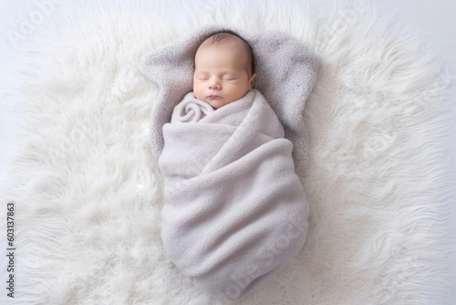 Top view of newborn baby sleeping wrapped in a blanket. Generative AI