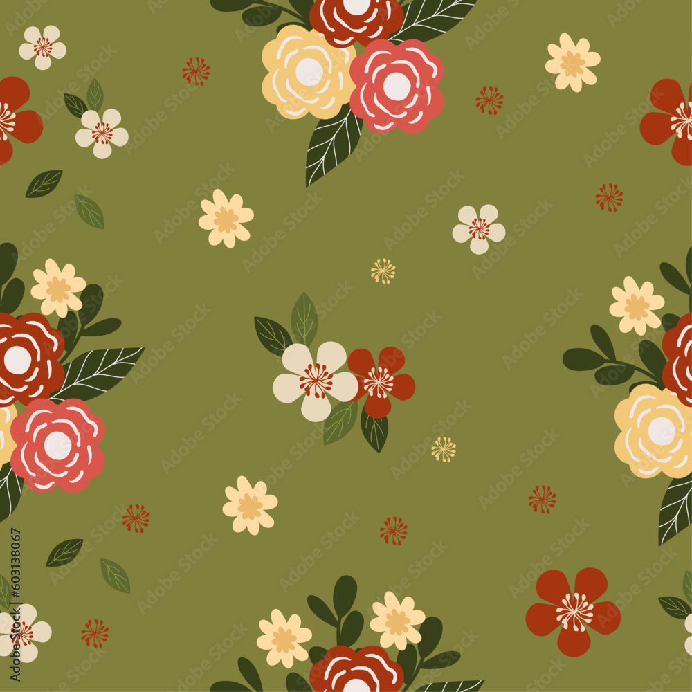 Fototapeta premium Seamless flowers pattern on green background great for gift paper, print, stationary. 