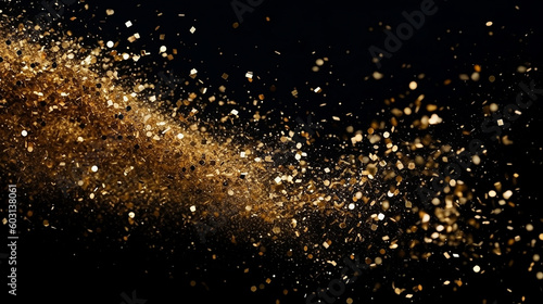 Gold Glitter Dust Scattered on Black Background created with Generative AI