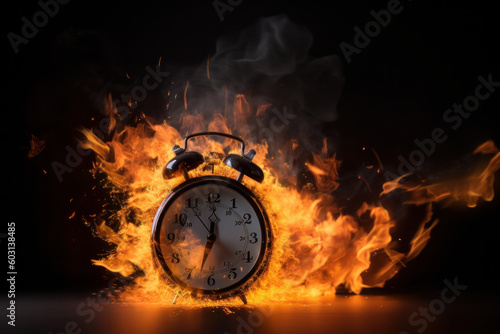 A burning alarm clock on a black background, a visual metaphor for approaching deadlines and urgency. AI Generative.