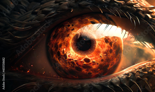 Dragon's Inferno's Gaze: Fiery Dragon Eye Close-Up in a Vibrant and Detailed Poster, Igniting the Imagination.