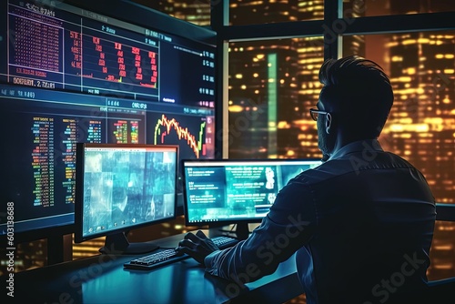 Immerse in the realm of finance, a businessman confidently works on a virtual screen monitor, utilizing central banking systems and international currency to facilitate money transfers and forex trans photo
