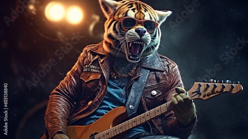 Anthropomorphic Tiger Rocking and Playing Guitar