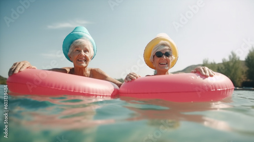 elderly happy senior in swimsuits and caps with inflatable rings swim in the pool laugh merrily, ai generation