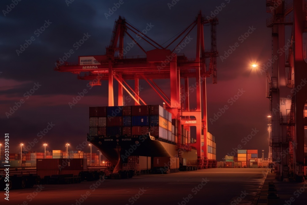Containers loading by crane in the twilight. Concept of business and industry import export. shipping, logistics, international trade. Generative AI Containers loading by crane in the twilight. Concept of business and industry import export. shipping, logistics, international trade. Generative AI