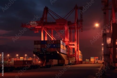 Containers loading by crane in the twilight. Concept of business and industry import export. shipping, logistics, international trade. Generative AI