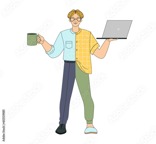 A businessman in hybrid clothes, a formal suit and home clothes with a laptop in his hands, against the backdrop of a working office and a homely cozy atmosphere. Vector illustration in cartoon style