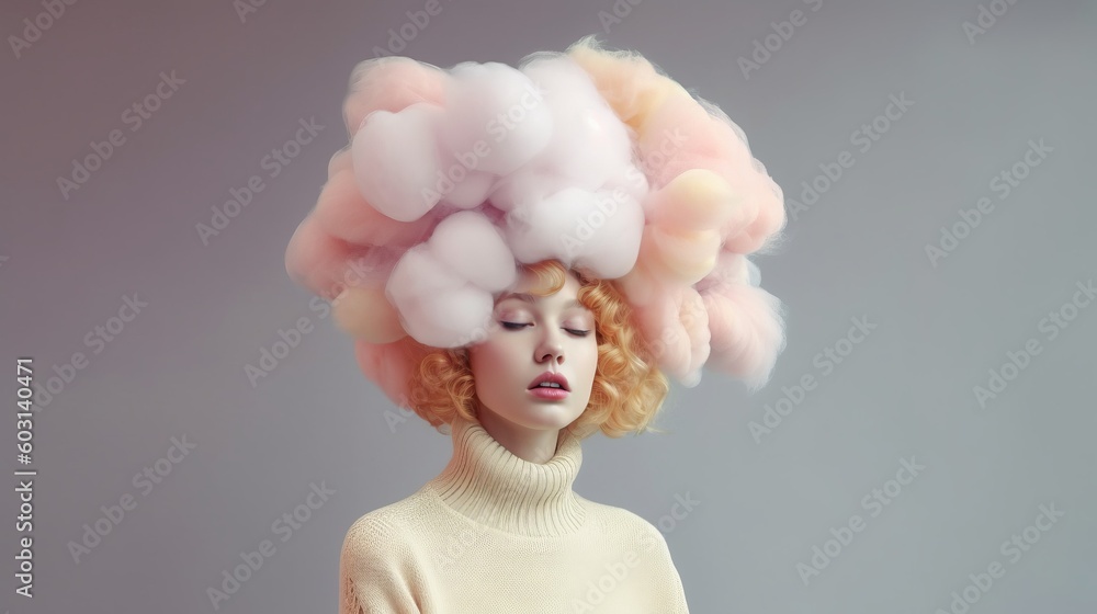 young woman with a pastel cloud hat with closed eyes. Generative Ai image