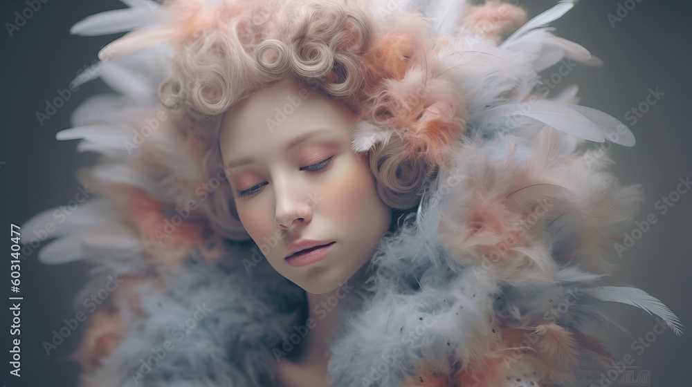 fashionable woman wearing a pastel gray pink feather outfit. Generative Ai image fashionable woman wearing a pastel gray pink feather outfit. Generative Ai image