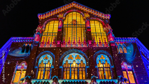Photography mosaic of lights on the facade of this building, lights of sant Pau in Barcelona