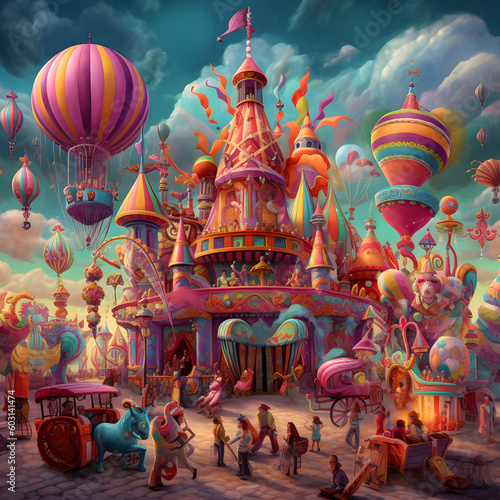 Fantastical carnival with vibrant colors, whimsical rides, and costumed performers  © JanWillem