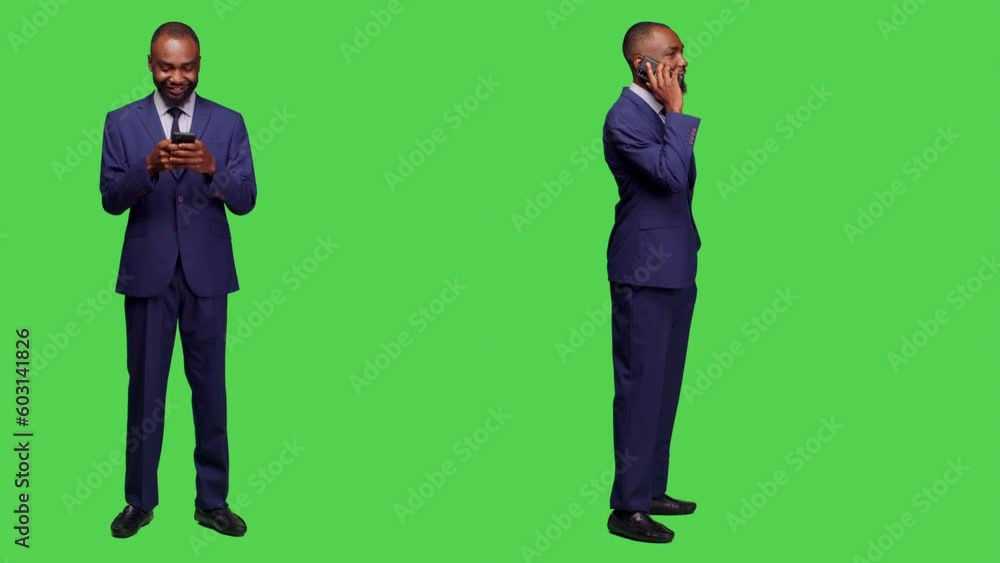 Businessman browsing website and chatting on phone call, using smartphone to have remote conversation and scroll through social media. Male employee working with mobile phone on greenscreen. Businessman browsing website and chatting on phone call, using smartphone to have remote conversation and scroll through social media. Male employee working with mobile phone on greenscreen.