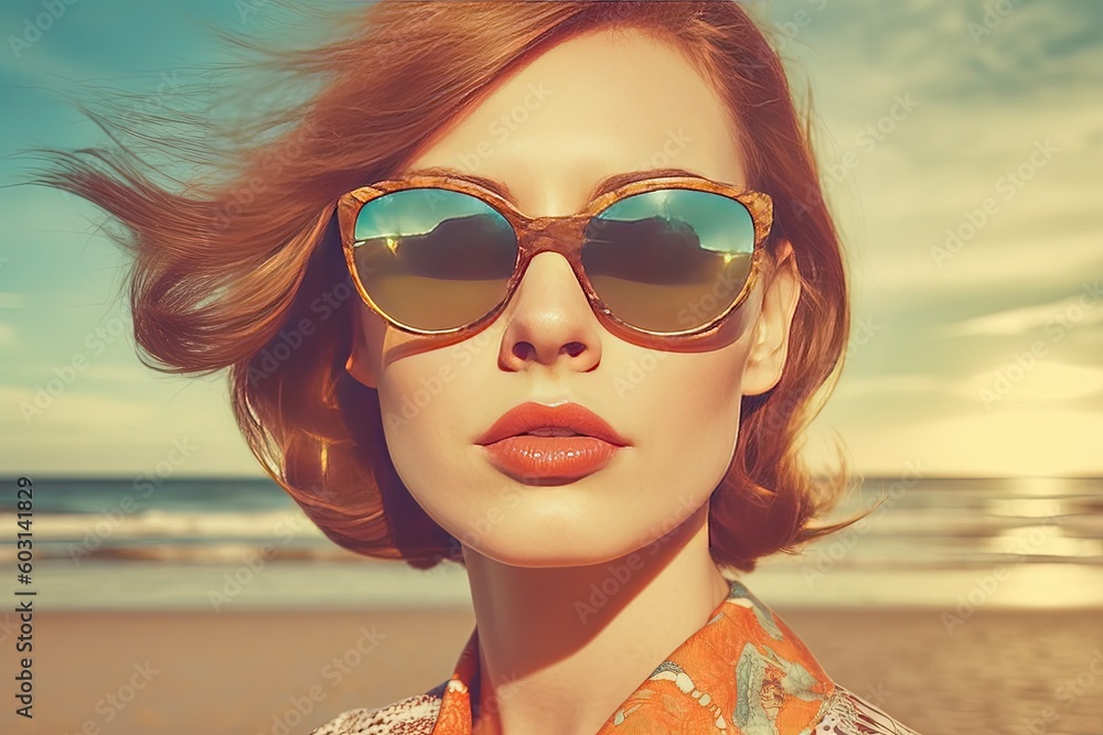 Beachside fashion takes a nostalgic turn with this woman's 60s-inspired retro sunglasses and vibrant beachwear Beachside fashion takes a nostalgic turn with this woman's 60s-inspired retro sunglasses and vibrant beachwear