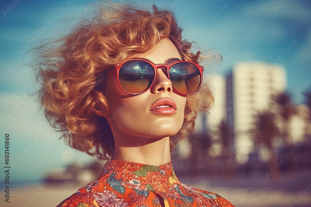 A sun-kissed beauty embraces the retro vibes of the 60s, posing confidently on the beach with her sunglasses