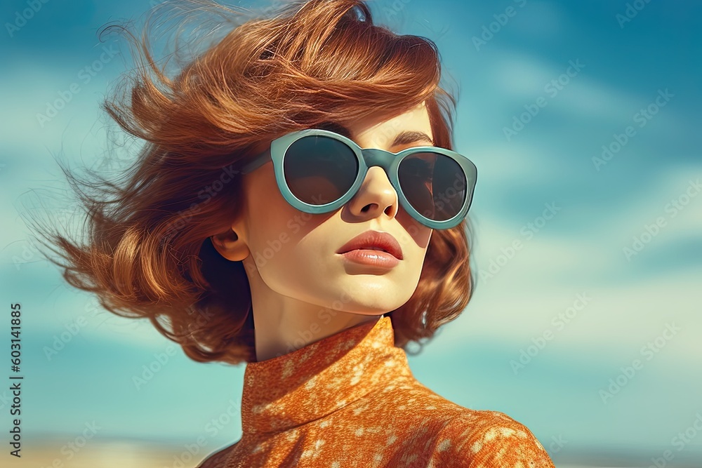 A stunning woman showcases her impeccable style with retro sunglasses, making a statement against the beach backdrop