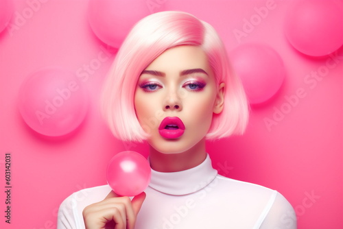 Fototapeta Emotion pink wig woman. Wide open mouth. Pink lips makeup