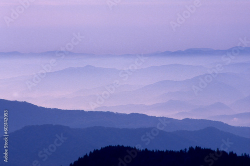 Predawn fog in valleys Blue Ridge Mountains western North Carolina photo