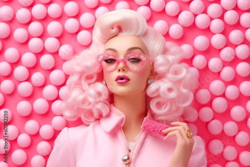 Obraz na plátne Emotion pink wig woman. Wide open mouth. Pink lips makeup