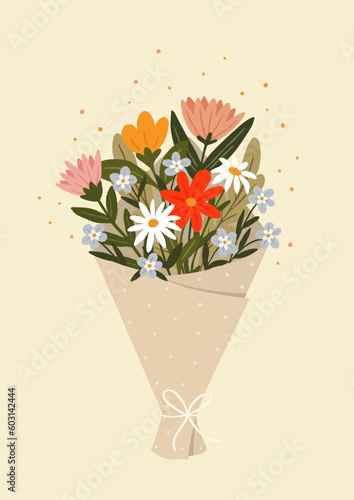 Cute Bunch Of Colorful Flowers Wrapped In Paper With Dots On Beige Background. Simple Hand Drawn Illustration. Vector Graphic Design Perfect For Greeting Card, Invitation Or Poster.