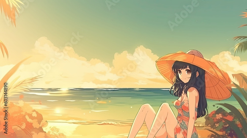 Anime girl on summer background with copy space, Generative AI