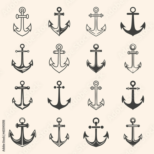 Vector Anchors. Anchor Silhouette Icon Set. Black and White Anchor with Outline. Anchor Design Template Collection. Vector Illustrtion