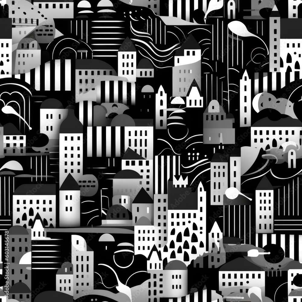 Seamless black and white texture depicting the city.   Drawing graphic black and white city illustration.  Illustration for banner, poster, cover, brochure  Generative AI.