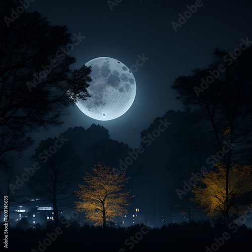 A dark night sky, the moonlight illuminating the silhouettes of trees and buildings. © Deiby