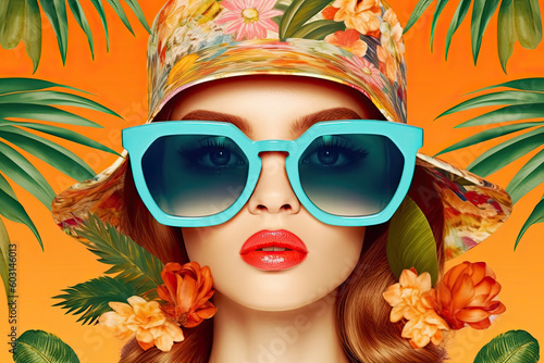 Young fashion woman wearing amazing huge sunglasses. Colorful tropical background. Generative AI
