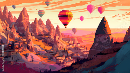 Illustration of beautiful view of unusual rocky landscape in Cappadocia, Turkey
