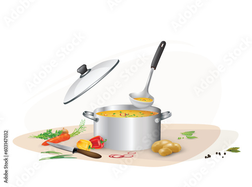 Vegetable soup stew in a saucepan and a ladle for to taste or pour. Vegetable ingredients - onions, carrots, potatoes, parsley, paprika, green peas,  spices nearby,  isolated on white background.