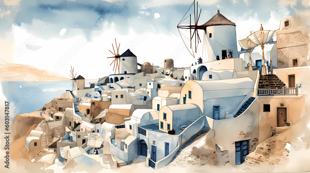 Fototapeta premium Illustration of beautiful view of Santorini, Greece