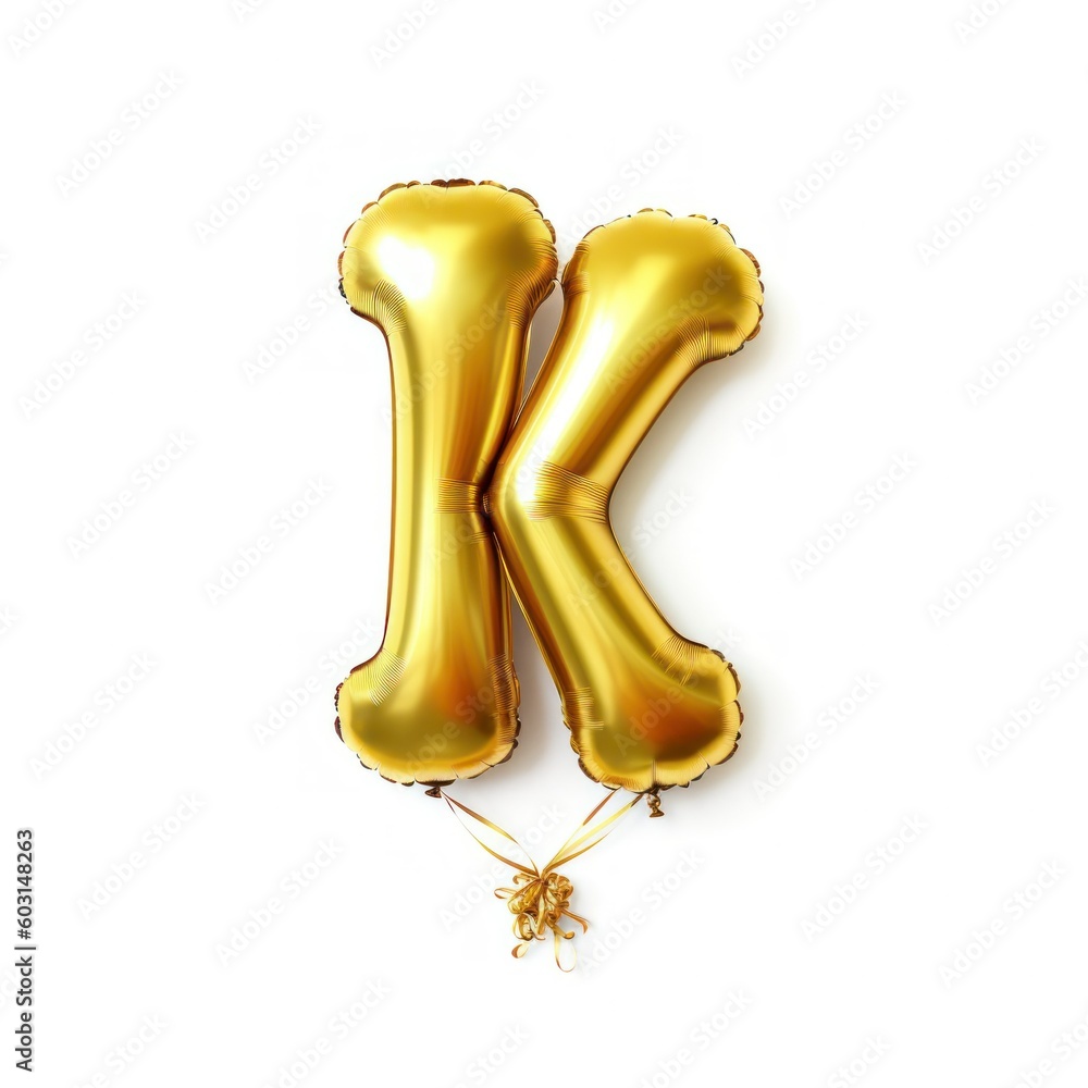 Colorful Gold Alphabet Balloon Isolated on White Background. Letter K. Generative AI illustration. Colorful Gold Alphabet Balloon Isolated on White Background. Letter K. Generative AI illustration.