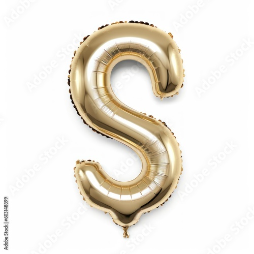 Golden Celebration Balloon in Alphabet Letter Shape Isolated on White Background. Letter S. Generative AI illustration.