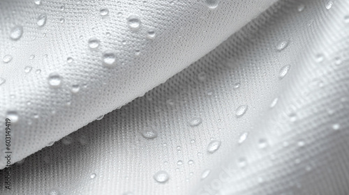 close-up abstract texture of smooth white fabric, perfect for creative advertising projects. Water-repellent fabric with water droplets on the surface. Wide web banner. Copy space. Generative AI photo
