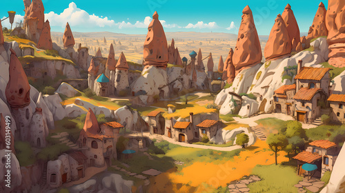 Illustration of beautiful view of unusual rocky landscape in Cappadocia, Turkey