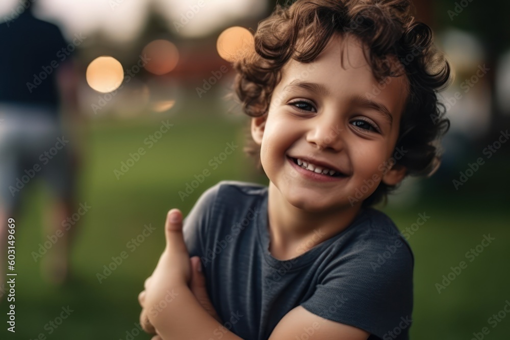Smiling little boy holding greeting card for Happy Father's Day with drawn red heart. Generative AI Smiling little boy holding greeting card for Happy Father's Day with drawn red heart. Generative AI