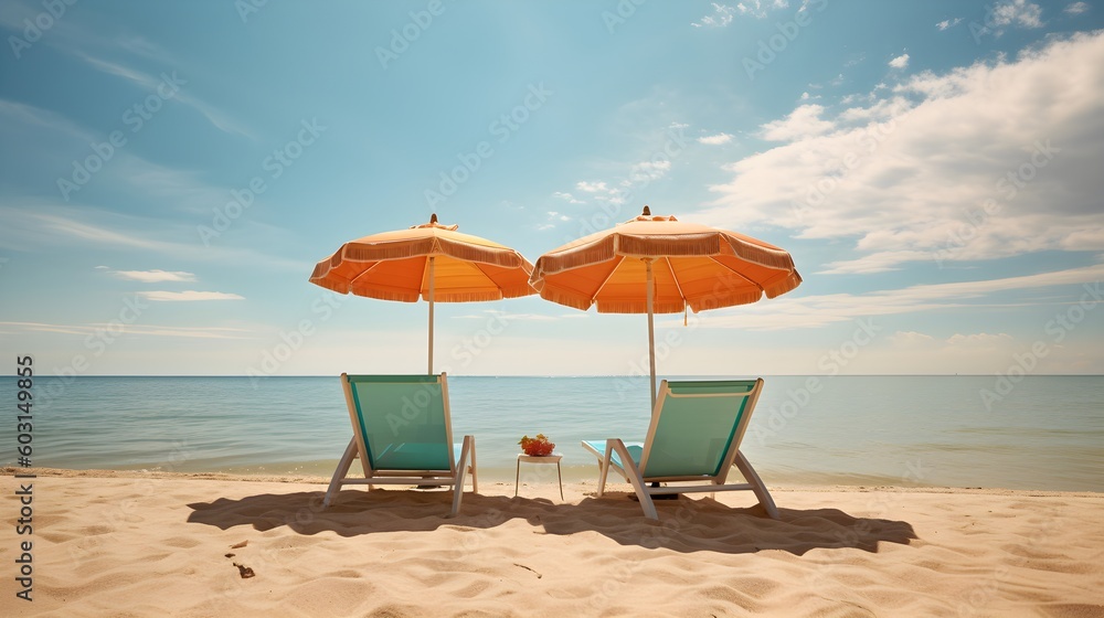 Beautiful beach scene with sun baked sand, bold colored chairs and sun umbrella, travel tourism  beautiful beach landscape
