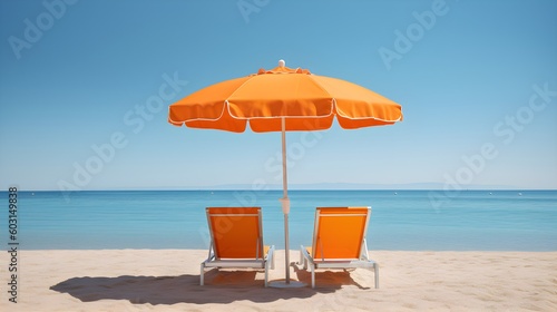 Beautiful beach scene with sun baked sand  bold colored chairs and sun umbrella  travel tourism  beautiful beach landscape