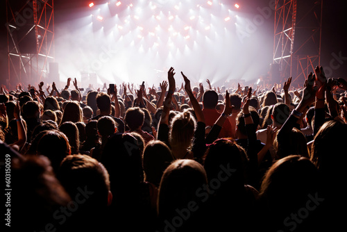 Happy people with raised hands at a music concert.