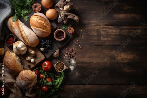 A table with bread eggs and other ingredients on it