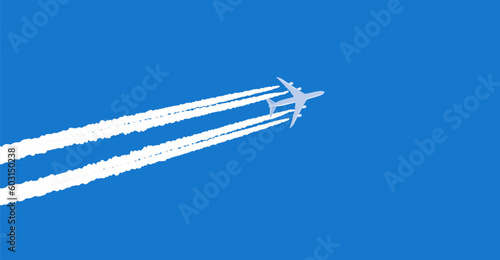 Airplane on sky for banner in flat vector illustration. Flying passenger aircraft on the blue sky, view from the ground. Plane journey, travel or tours, airport advertising, trip abroad on vacation