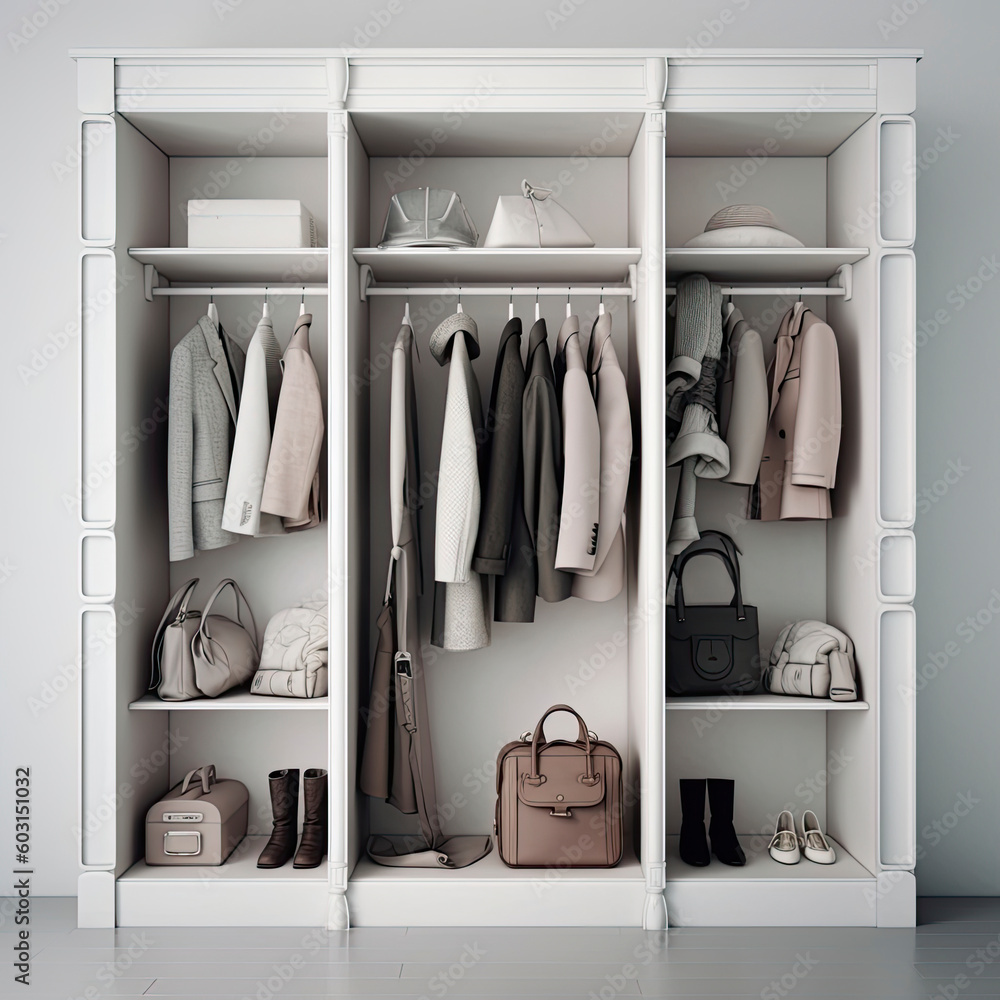 a wardrobe with clothes and accessories