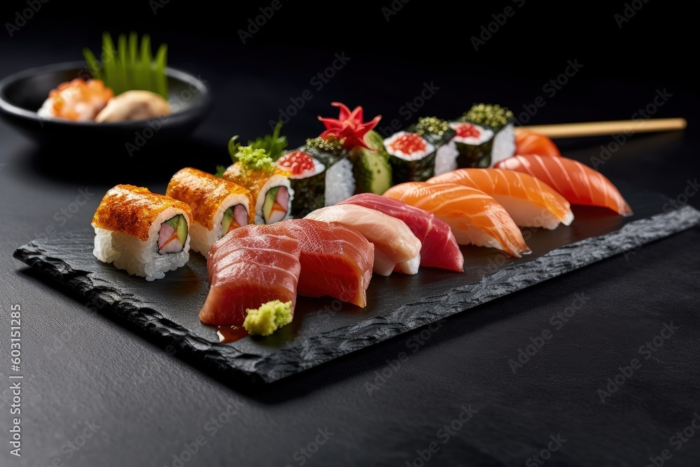sushi on a slate plate, generative ai sushi on a slate plate, generative ai