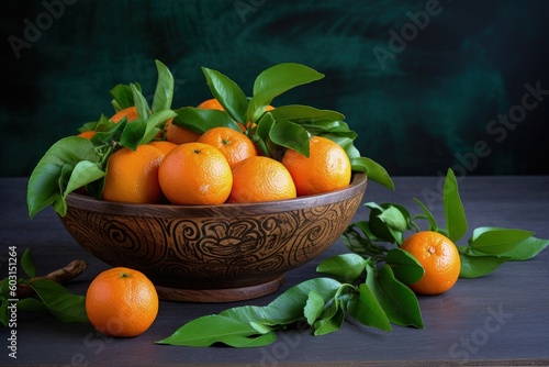 tangerines in a wooden bowl, generative ai