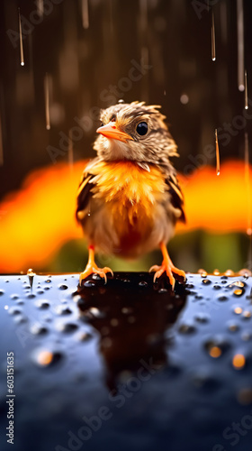 Close up for a bird in the rain